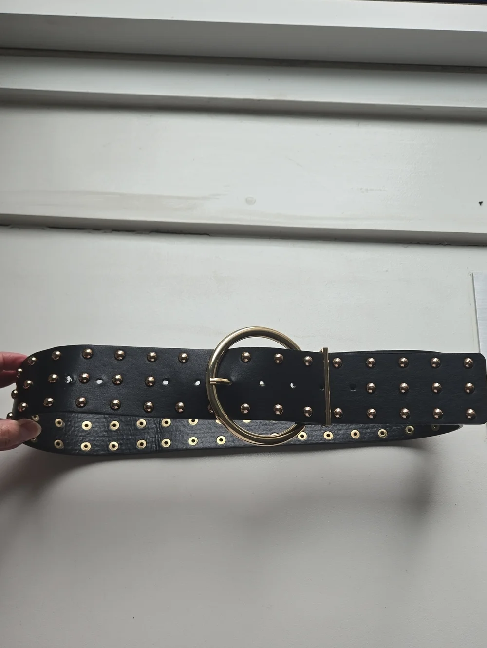 ZARA Wide Studded Belt Women’s Black Gold Circle Faux Leather Waist Embellished